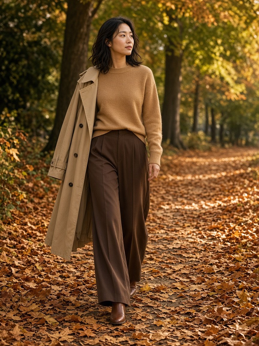 Woman walking a leaf-covered park path in a camel sweater and chocolate wide-leg trousers, a beige coat draped over one shoulder, and brown ankle boots