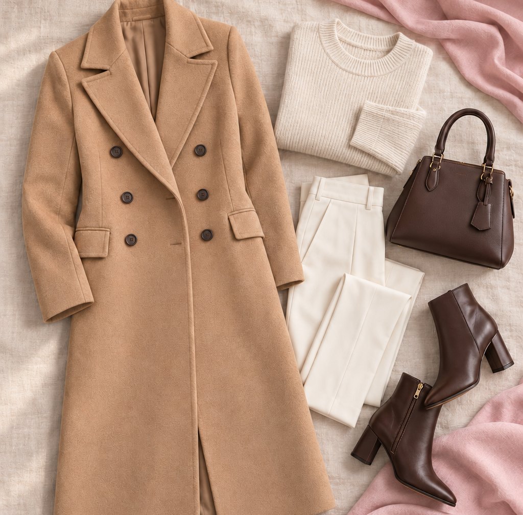 Flat lay of a long camel double-breasted coat with notch lapel and dark buttons, cream ribbed crewneck, off-white trousers, brown top-handle bag, and brown block-heel ankle boots on linen