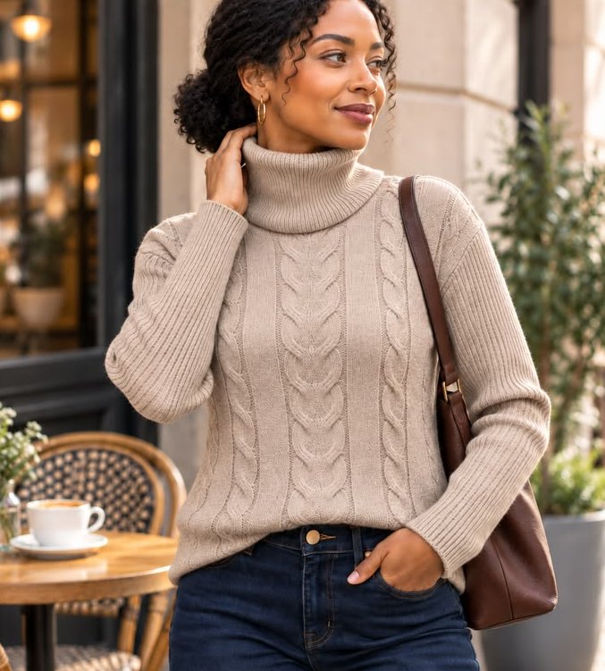 Woman in a chic winter outfit: beige cable-knit turtleneck and dark blue jeans with a brown leather shoulder bag at an outdoor cafe; a coffee cup sits on the table beside her