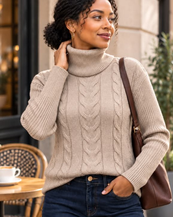 Woman in a beige cable-knit turtleneck sweater worn over dark blue jeans with a brown leather shoulder bag, standing beside a cafe table with a white coffee cup