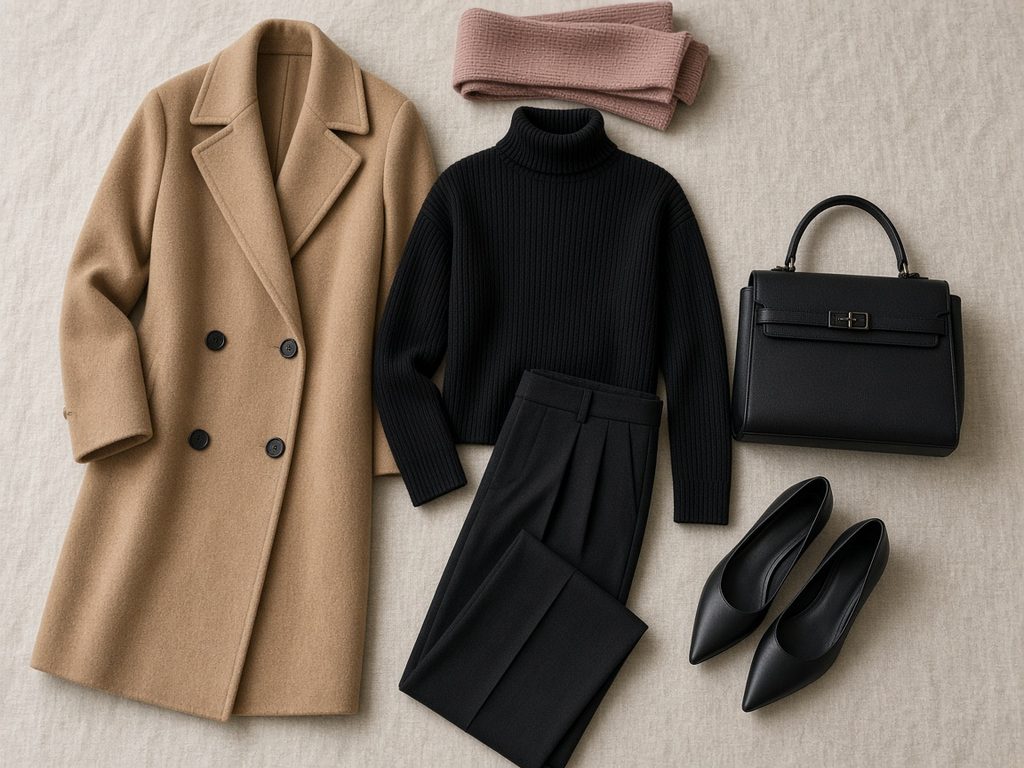 Flat lay on oatmeal linen of a long camel double-breasted coat with dark buttons, a black ribbed turtleneck, folded black tailored trousers, a black structured top-handle bag, black pointed-toe pumps, and a muted pink knit scarf