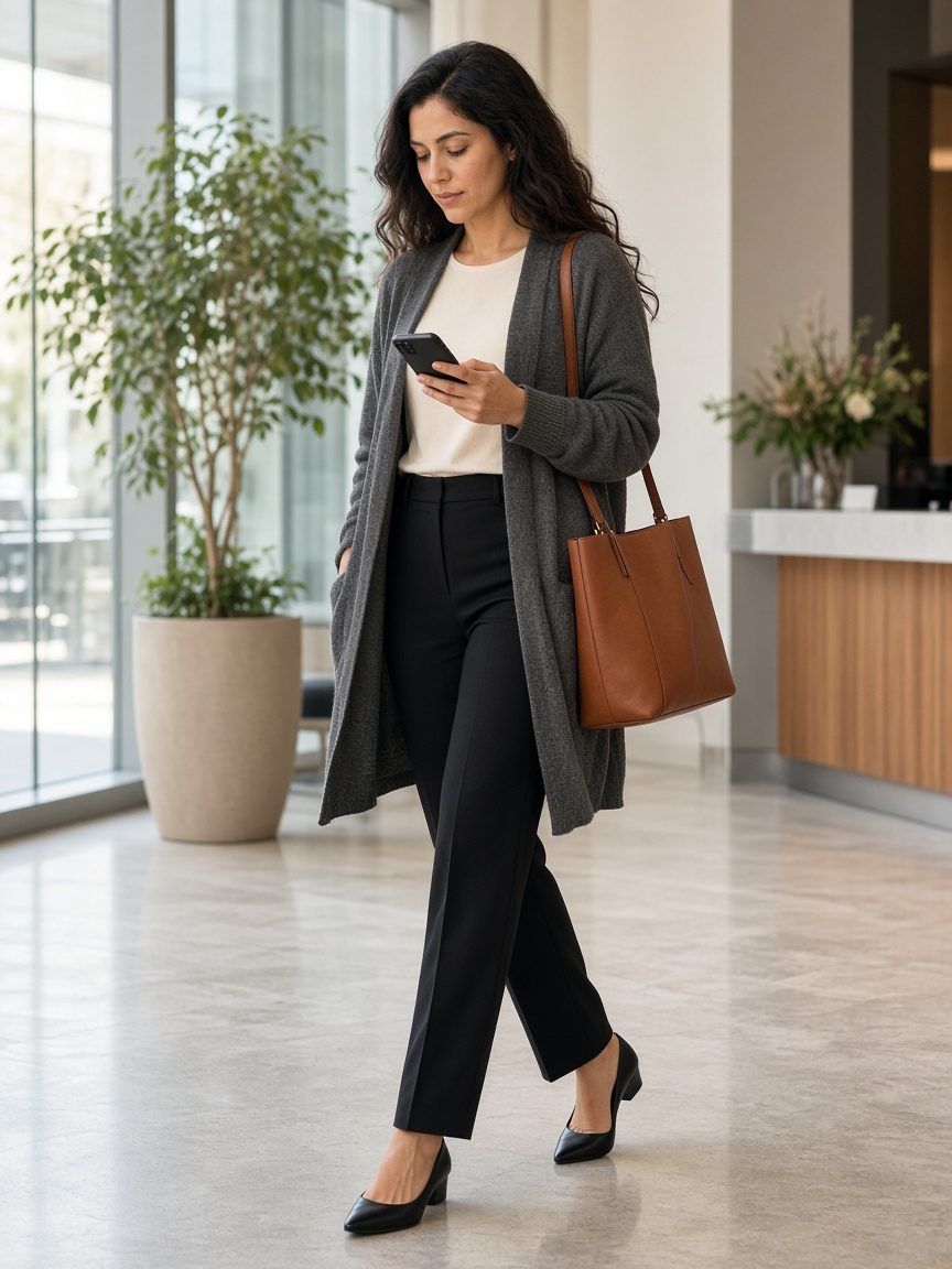 Woman walking through a bright office lobby in an open charcoal heather mid-thigh cardigan over a cream top, black tailored trousers, black pointed-toe pumps, and a cognac leather tote on her shoulder