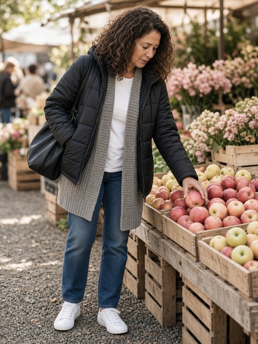 Cozy winter outfit at a farmers market, picking out an apple: open black quilted hooded puffer jacket over a long gray knit cardigan and white tee, mid-blue straight jeans, white sneakers, and a black slouchy hobo shoulder bag