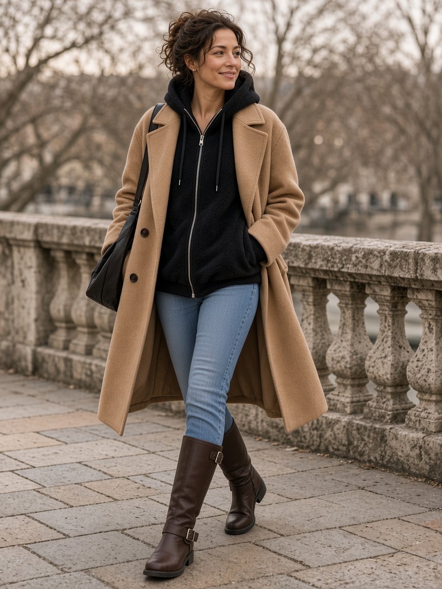 Black zip up hoodie outfit on a stone riverside promenade, three-quarter front view: black fleece zip-up hoodie zipped partway with the zipper and drawstrings visible, hood out at the collar of an open knee-length camel coat, slim light-wash jeans tucked into dark brown buckled knee-high boots, and a black slouchy shoulder bag