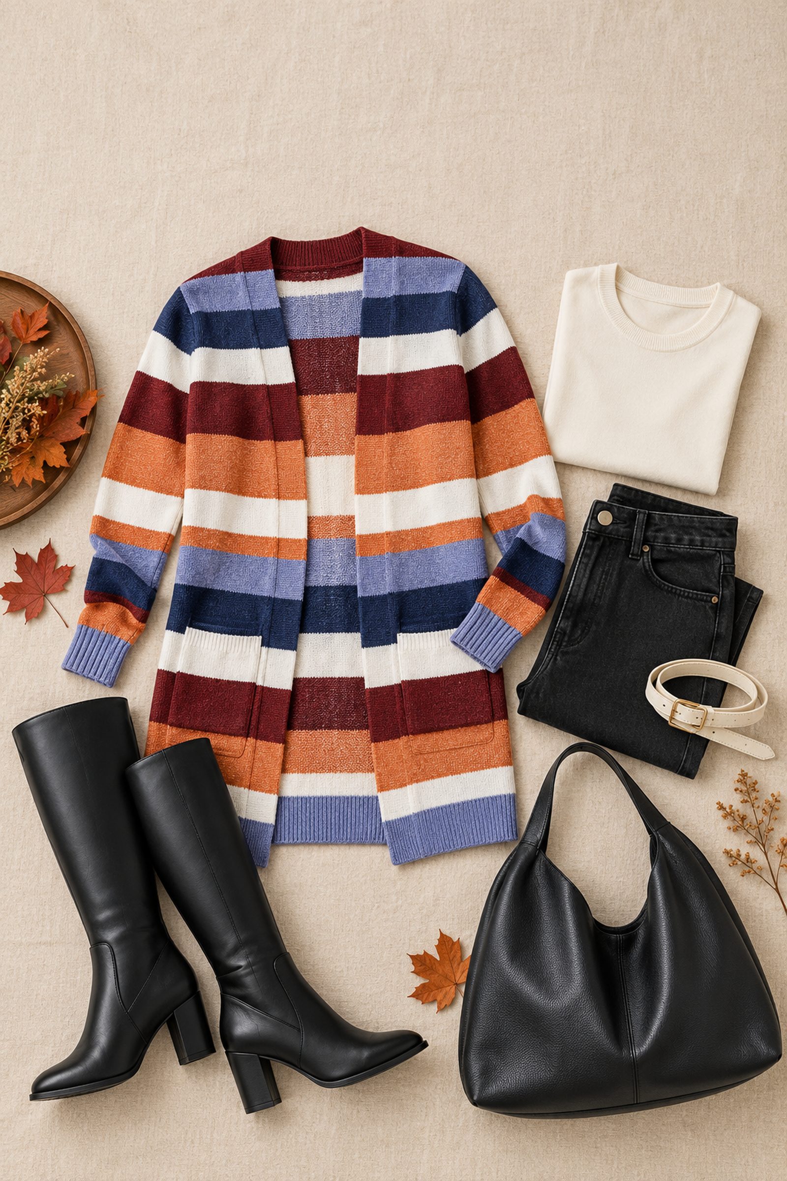 Flat lay on beige linen of a long open cardigan with pockets in orange, burgundy, cream, navy and periwinkle blue stripes, an ivory crew top, a cream belt with a gold buckle, black high-rise straight jeans, a black slouchy hobo bag and black knee-high block-heel boots, beside a wooden tray of autumn leaves