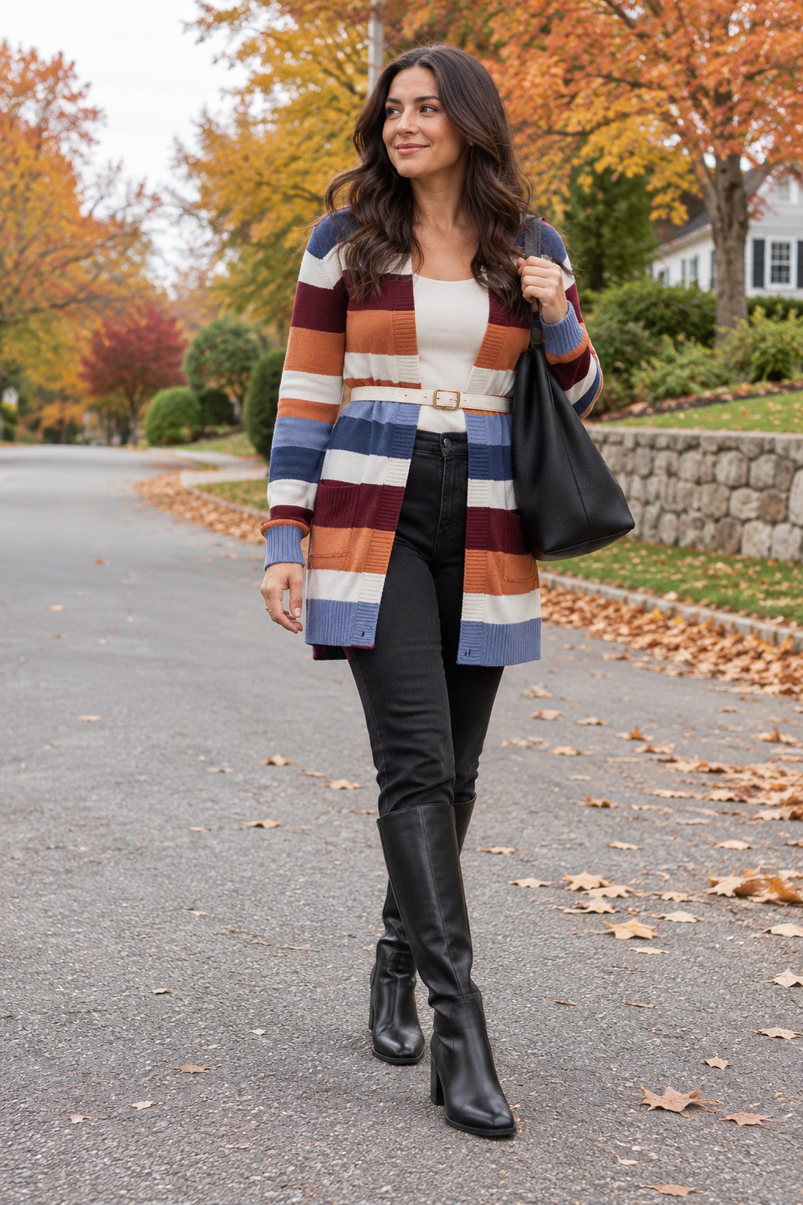 Woman walking on a leafy suburban street in a long open cardigan with orange, burgundy, cream, navy and periwinkle blue stripes, ivory crew top, cream gold-buckle belt, black straight jeans, black knee-high block-heel boots and a black slouchy hobo bag