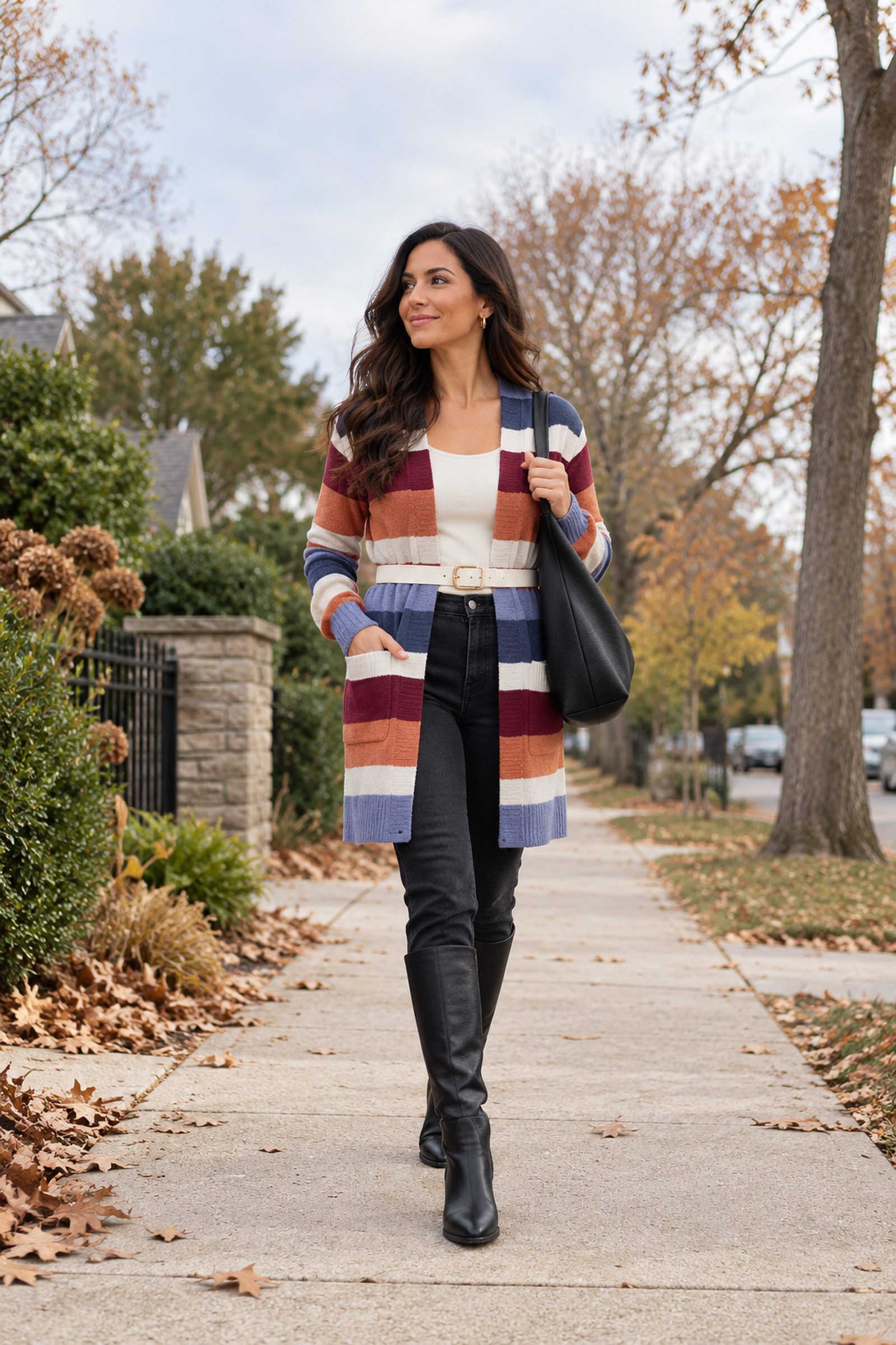 Woman on a sidewalk with one hand in the pocket of a long open cardigan striped in orange, burgundy, cream, navy and periwinkle blue, wearing an ivory crew top, cream belt with a gold buckle, black high-rise straight jeans, black knee-high block-heel boots and a black slouchy hobo bag