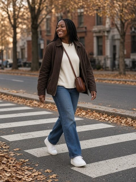 Smiling Black woman with braids crossing an autumn street in an open chocolate brown jacket, cream sweater, straight blue jeans, white sneakers, and a brown crossbody bag
