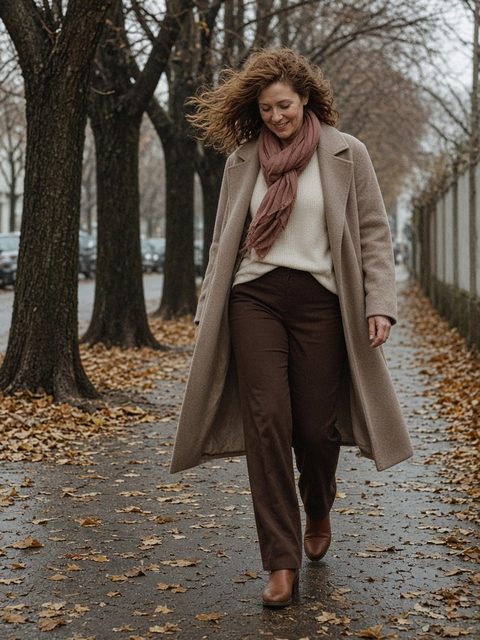 Woman with windswept auburn waves walking a leafy sidewalk in a light taupe coat, cream sweater, muted pink scarf, chocolate trousers, and brown ankle boots